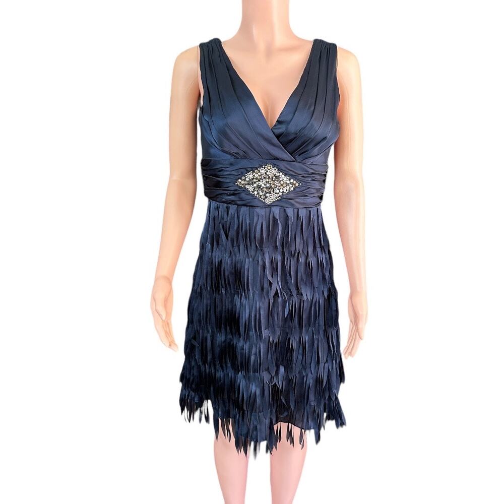 Hailey by Adrianna Papell Navy Blue A-Line V-Neck Sleeveless Fringe Dress Size 6